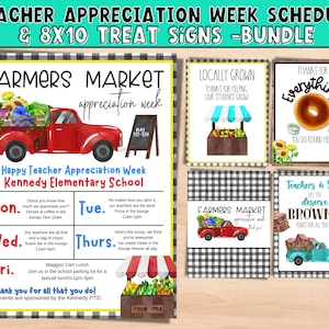 Farmers Market Teacher Appreciation Week itinerary. Flyer Template for teacher appreciation. Farmers Market Week theme appreciaiton week.