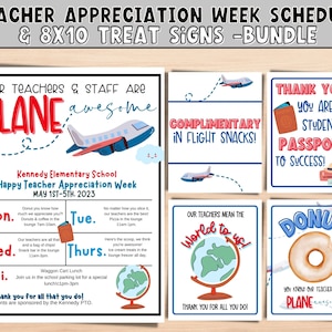 Plane AWESOME Teacher Appreciation Week itinerary. Flyer Template for teacher appreciation. Travel theme appreciaiton week.