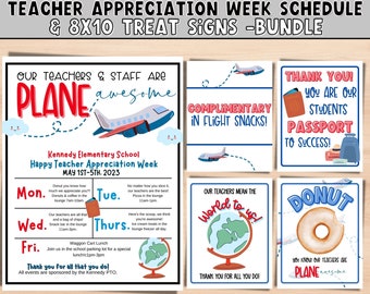 May include: A printable teacher appreciation week schedule and treat signs bundle with a plane theme. The signs feature phrases like "Our teachers are plane awesome", "Complimentary in-flight snacks", "You are our students passport to success", and "Our teachers mean the world to us".