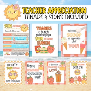 Sun-sationales Groovy Beach Theme | Retro Teacher Appreciation Week Bundle Druckbare Schilder für die Wertschätzung der Mitarbeiter