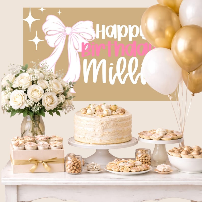 May include: A birthday celebration with a cake, cupcakes, cookies, and balloons. The backdrop features a sign that says "Happy Birthday Millie" with a bow and stars. A bouquet of white roses sits in a glass vase.