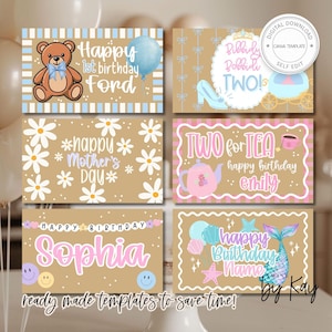 May include: A collection of digital download templates with various designs. The templates include birthday and Mother's Day cards with illustrations of a teddy bear, flowers, a mermaid, and a teapot. The text includes phrases like "Happy 1st birthday Ford" and "Happy Birthday Sophia".
