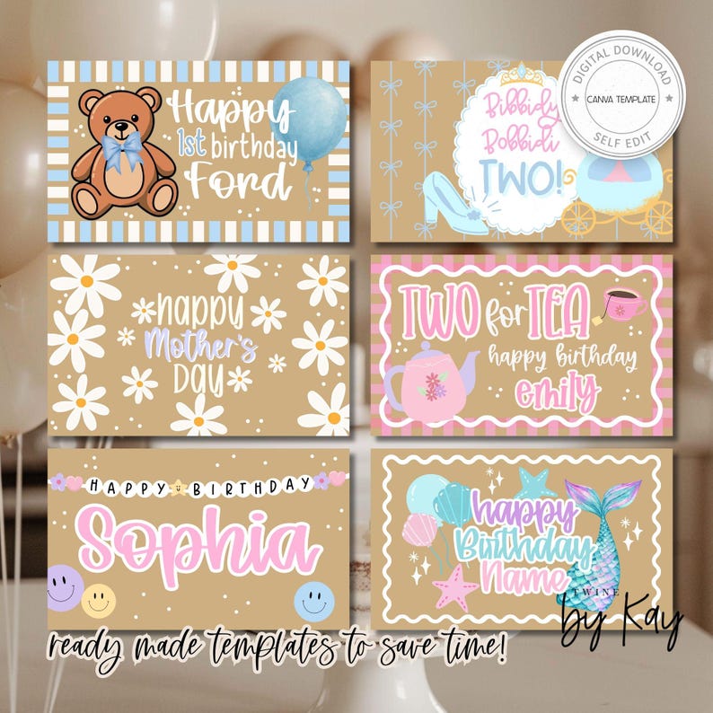 May include: A collection of digital download templates with various designs. The templates include birthday and Mother's Day cards with illustrations of a teddy bear, flowers, a mermaid, and a teapot. The text includes phrases like "Happy 1st birthday Ford" and "Happy Birthday Sophia".