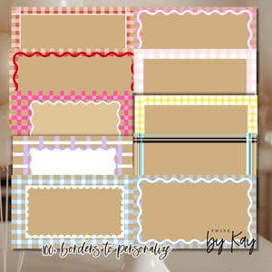 May include: A collection of customizable card templates with various border designs. The templates feature gingham, wavy, and striped borders in colors like pink, blue, yellow, and red. The text "100+ borders to personalize" is visible.