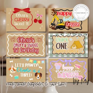 May include: A collection of six brown cardstock templates with various designs for celebrations. Designs include text for a sweet sixteen, first birthday, and graduation. Other designs include a construction theme and a camping theme.
