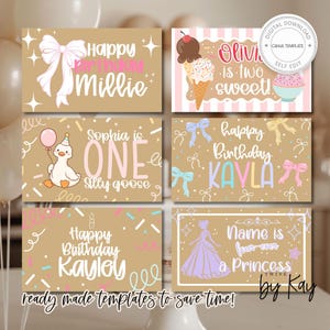 May include: A collection of six birthday-themed cards with various designs. The cards feature text like "Happy Birthday Millie," "Sophia is ONE," and "Name is four-ever a Princess." The designs include bows, an ice cream cone, a duck, and a princess.