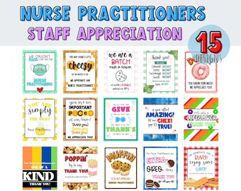 May include: A set of 15 printable cards with colourful designs and text expressing appreciation for nurse practitioners. The text includes phrases like "You are simply the best", "We appreciate our nurse practitioners", and "You are a lifesaver".