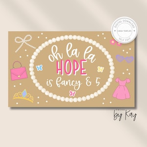 May include: A digital invitation with a tan background, featuring the text "Oh la la HOPE is fancy & 5" in white and pink. The design includes a pearl necklace, butterflies, a pink purse, a tiara, and a pink dress.