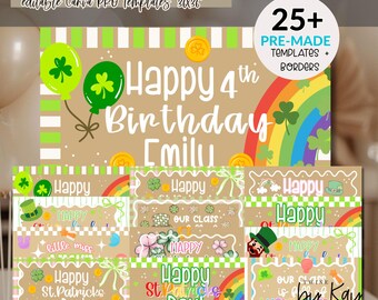25 pancartas del Día de San Patricio / Plantillas editables de pancartas y bordes / Bordes pintados a mano para marzo / Póster de la Clase de la Suerte