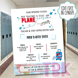 Our Teachers are Plane Awesome | Teacher Appreciation Week itinerary. Flyer Template for teacher appreciation. Travel theme