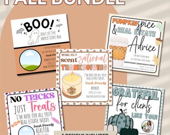 May include: Five printable social media post designs for real estate agents featuring fall themes. The designs include a ghost, candy, a pumpkin spice latte, a candle, and pumpkins. Each design includes a real estate agent's contact information.