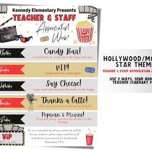 Hollywood Movie Star Teacher Appreciation Week itinerary. Flyer Template for teacher appreciation. You are a star theme.