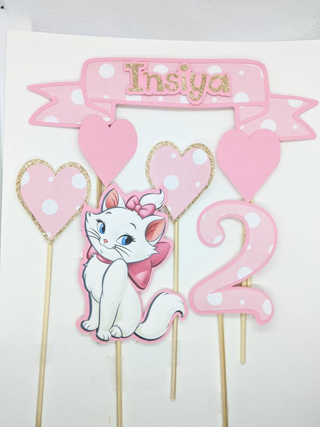 Kit De Cake Topper "Aristochat" En Papier Plastifié Rose - Lot De 5 à 8 Pièces De 3 à 14 Cm
