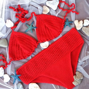 Crochet bikini set, red crochet swimwear, Knit swimwear set
