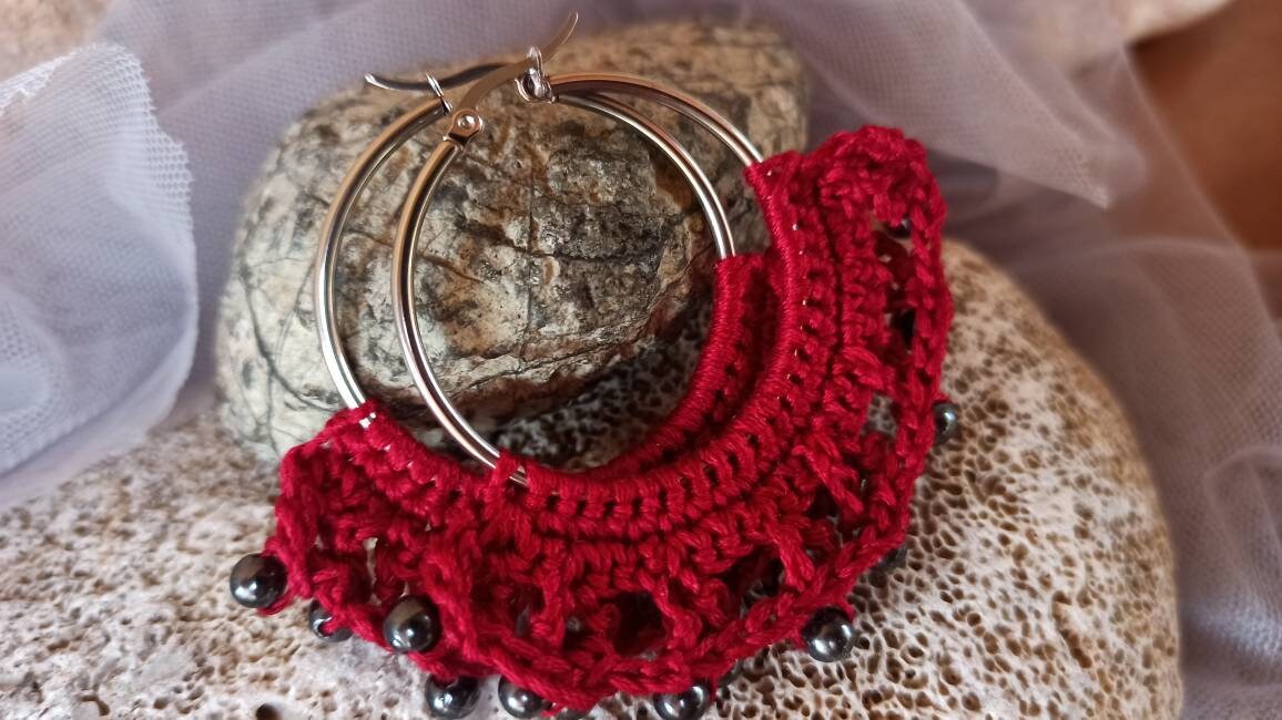 Crochet Hoop Earrings Beaded Knit Earrings Gift for Her Etsy