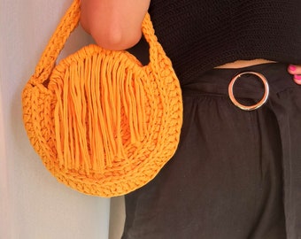 Borsa tote all'uncinetto color giallo senape, realizzata a mano con filato di cotone 100% a spaghetti, borsa a mano a maglia grossa, regalo estivo boho per lei, pezzo unico.