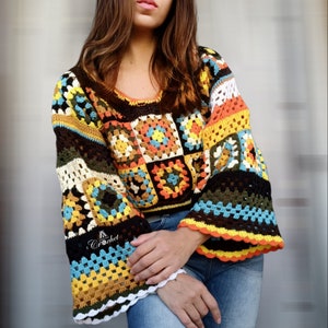 Haut au crochet carré grand-mère, pull au crochet, motif grand-mère, pull coloré