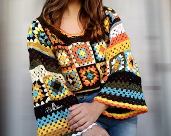 カラフルなスクエア柄のクロシェ編みトップス、レディースの長袖プル