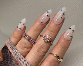 Press On Nails, Milky White Nails, Twinkle Star Nails, Y2K Nails, Glue On Nails, Star Press Ons