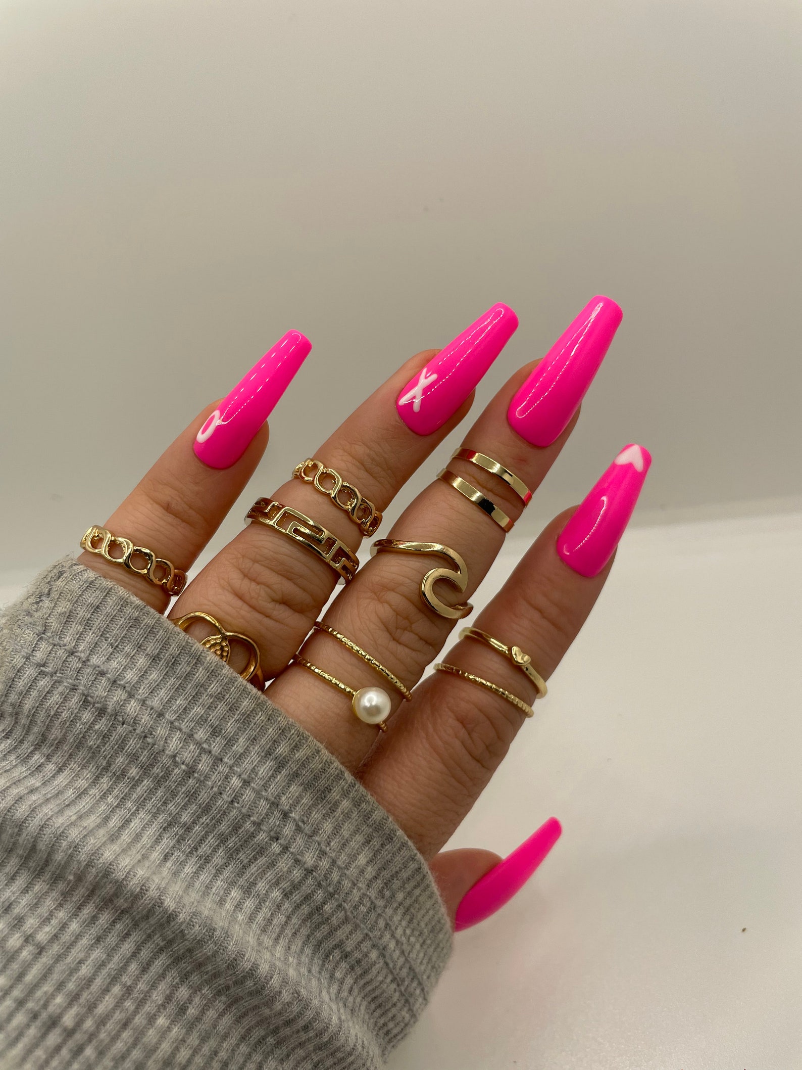 Pink Press on Nails Pink Nails Press on Nail Set Heart | Etsy