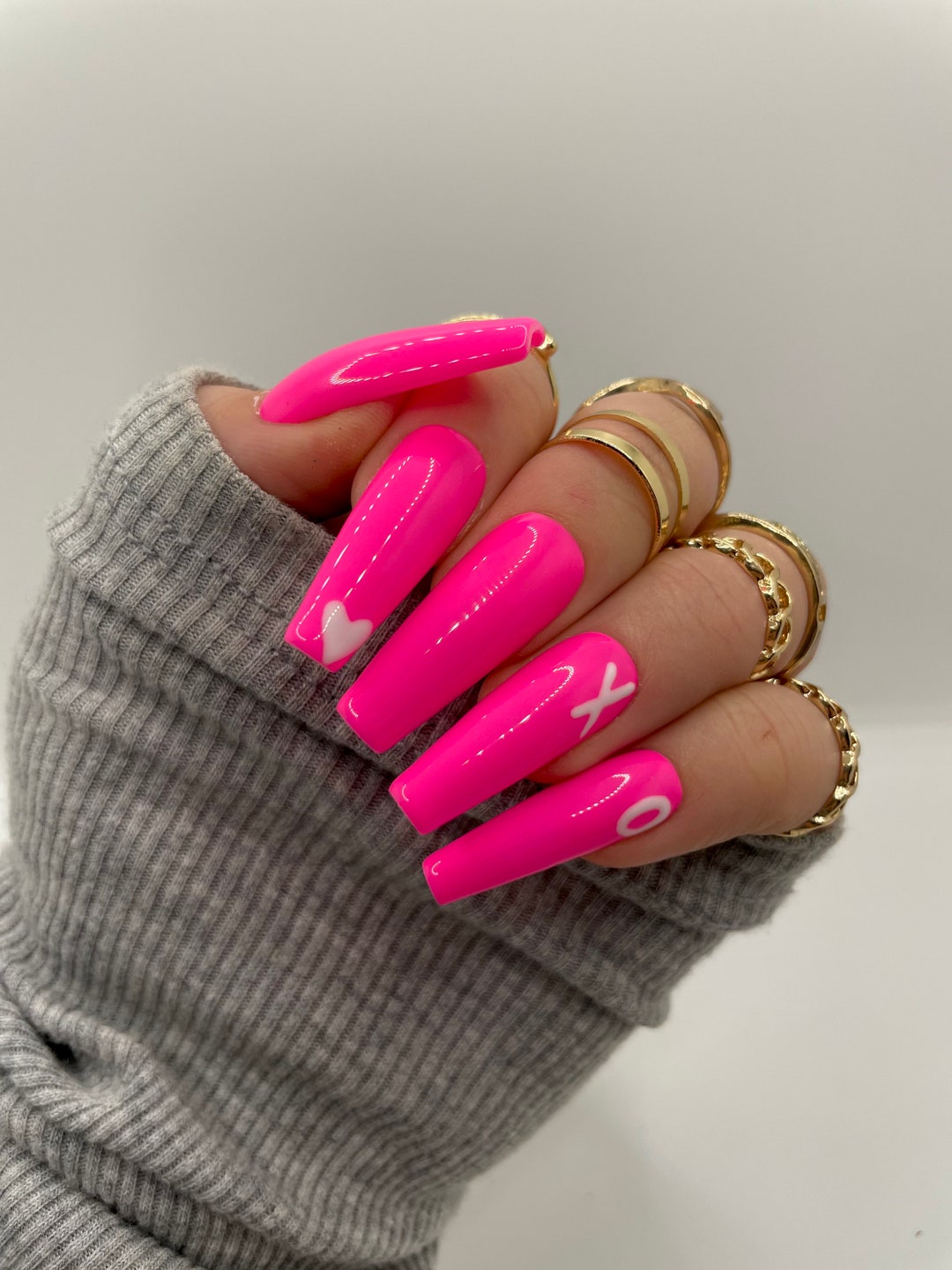 Pink Press on Nails Pink Nails Press on Nail Set Heart Nails Nails - Etsy