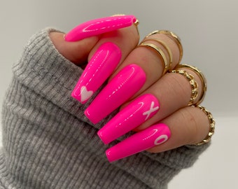 Pink Press On Nails | Pink Nails | Press On Nail Set | Heart Nails | Nails