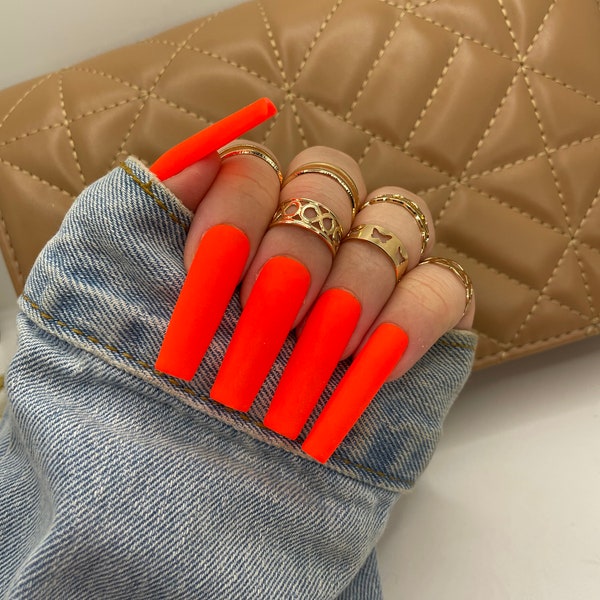 Neon Orange Press on Nails, Neon Nails, Press Ons, Press On Nails, Summer Nails, Nails, Tapered Square Nails, Gel Nails