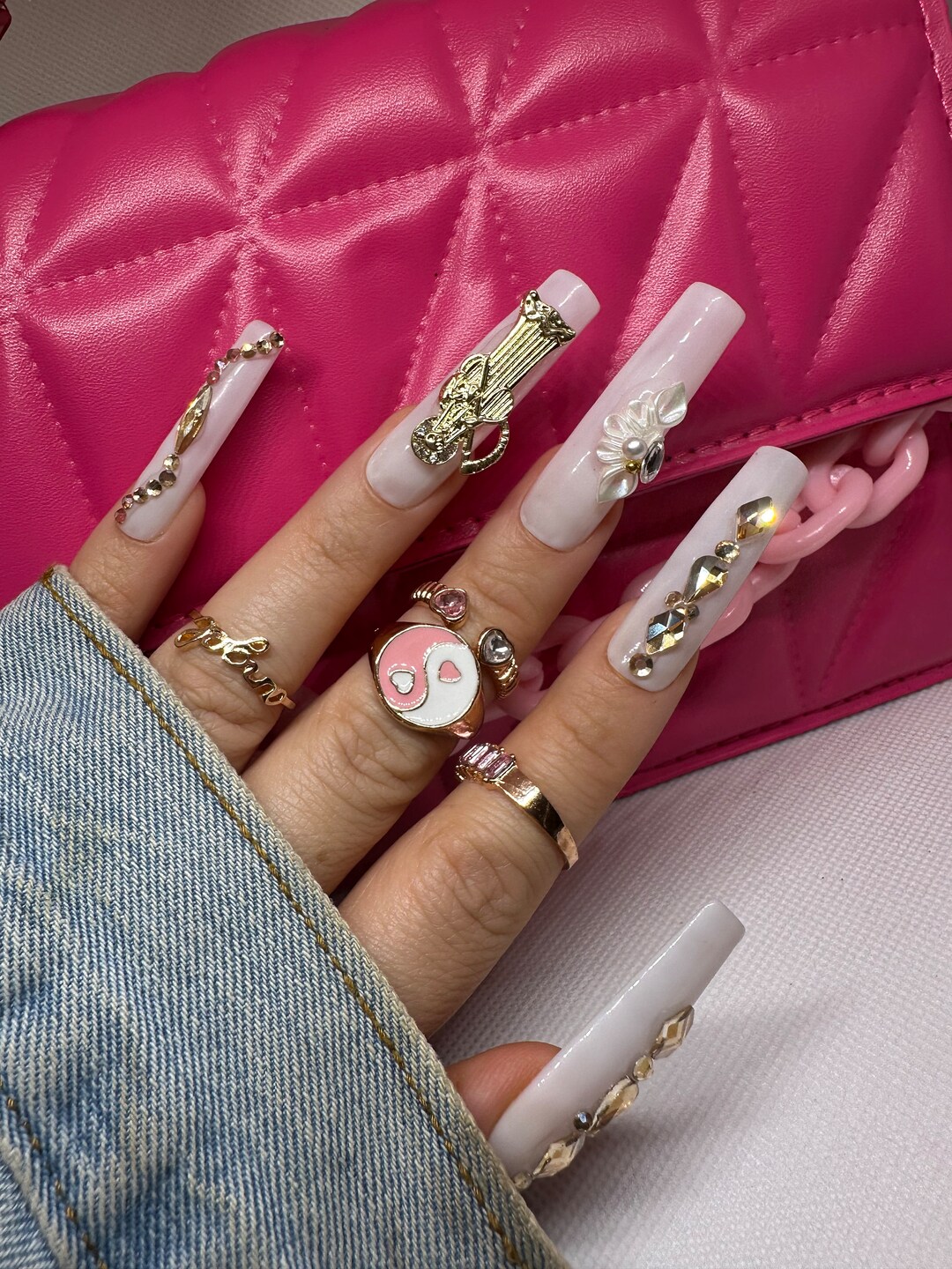 Press on Nails, Milky White Nails, Santa Muerte Nails, Glue on Nails, White and Gold Nails