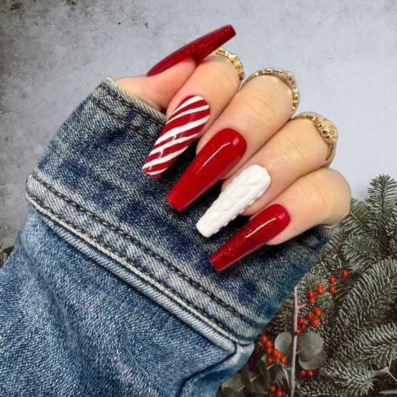 Christmas Nails Candy Cane Nails Sweater Nails Press on Nail Set Holiday  Nails Press Ons 