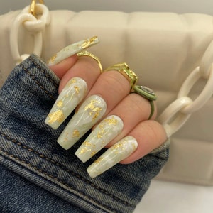 Jade Press On Nails | Green Marble Nails - Gold Flakes - Press On Nails - Glue on Nails - Nails - Jade Crystal Nails