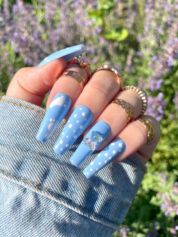 Baby Blue French Tip False Nails – Lunar False Nails