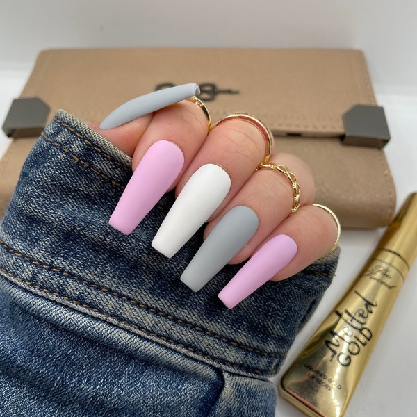 Pink and Grey Gradient Nails | Matte or Glossy | Press Ons | Nails | Press on Nails