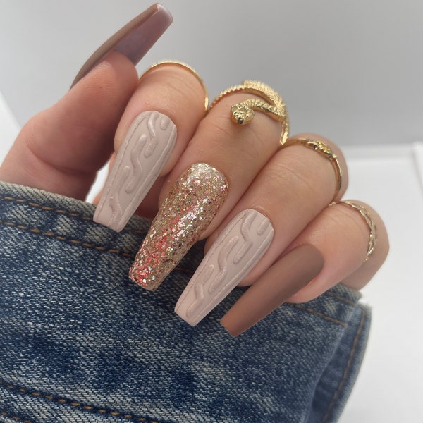 Brown Nails, Press On Nails, Fall Nails, Sweater Nails, Fall Press On Nails, Brown Glitter Nails, Nails