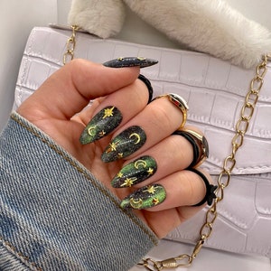 Green and Black Cat Eye Press On Nails, Galaxy Nails, Star Sun and Moon Nails, Press On Nails, Glue On Nails, Gift for Her