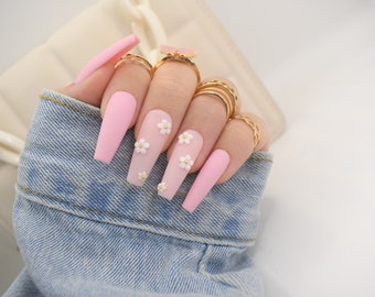 Press on Nails, Flower Nails, Summer Nails, Pink Nails, Press Ons, Nails, Press on Nail Set