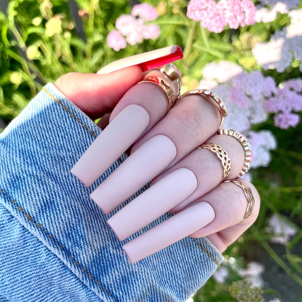 Nude Red Bottom Nails, Red Bottom Press Ons, Nude Nails, Nude Press Ons, Press On Nails, Nails, Long Tapered Square Nails