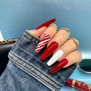 Christmas Nails Candy Cane Nails Sweater Nails Press on Nail Set Holiday Nails Press Ons image 2