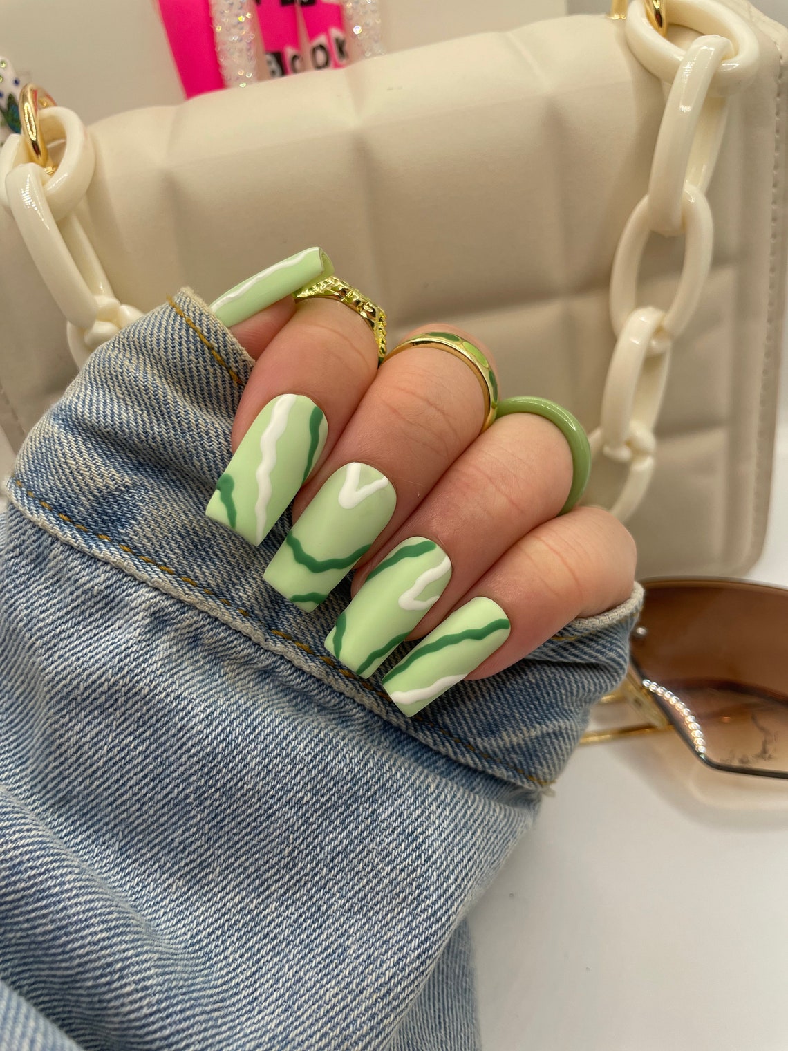 Green Abstract Line Nails Green Nails Press on Nails - Etsy