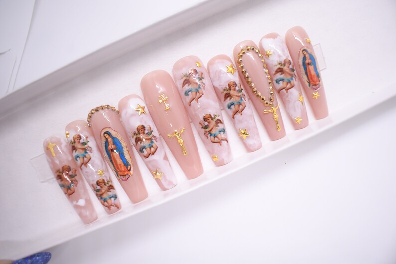 Virgin Mary Nails Guadalupe Nails Cherubs Angel Nails Press Etsy