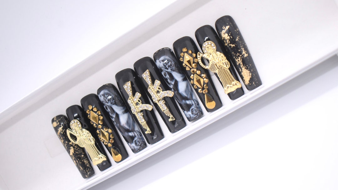 Press on Nails, Santa Muerte Nails, Glue on Nails, Black Nails, Santa Muerte Nail Set Etsy