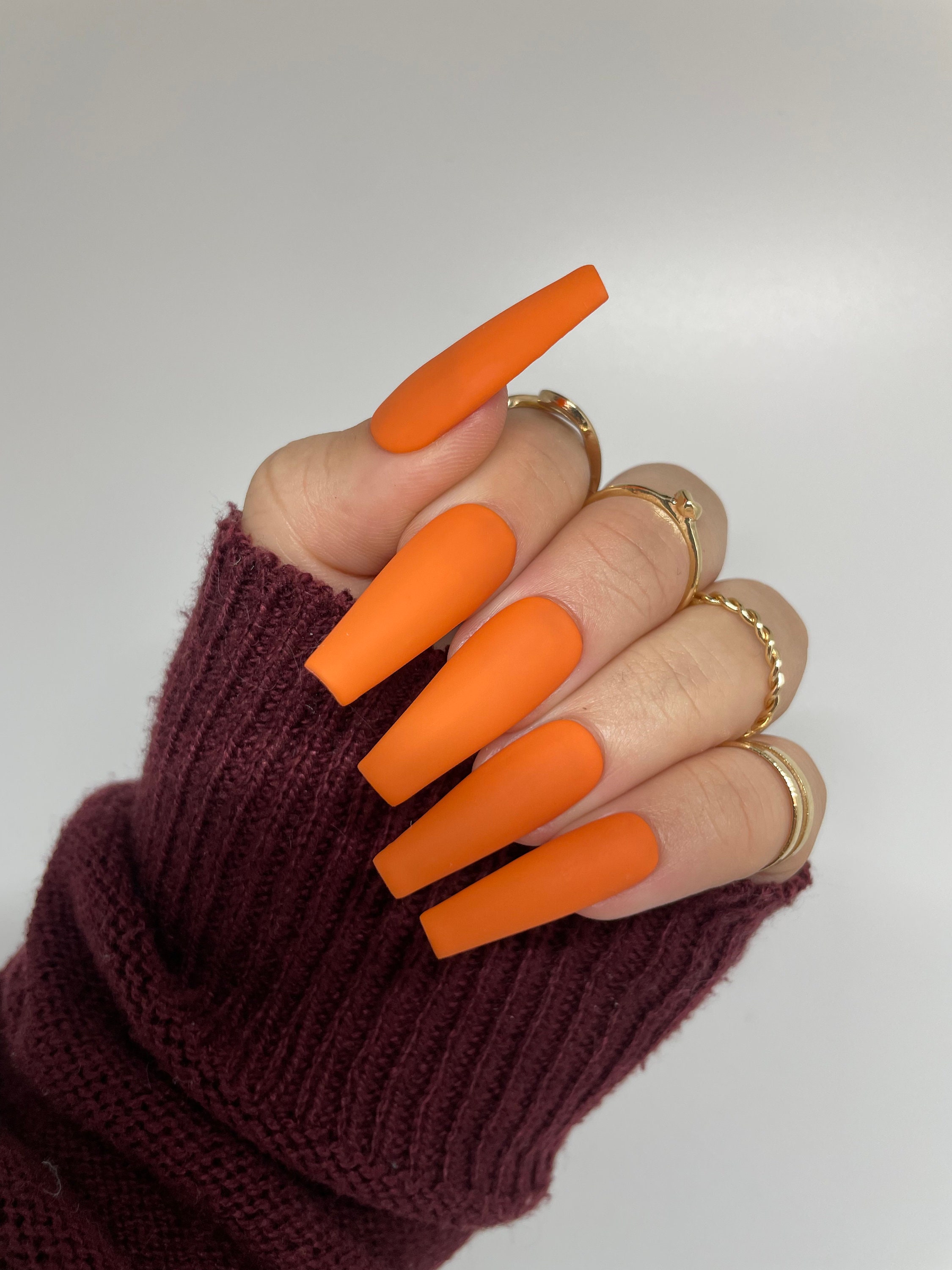 24Pcs Matte Orange Gradient False Nails Long Coffin Detachable Press On  Nails | eBay