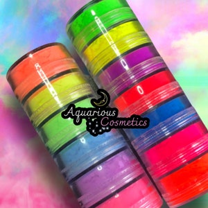 Makeup Pigment bundle: 7 UV reactive Neon pigments & 6 Pastel UV pigments for eyes, neon blush nails. Holiday Pride month makeup eyeshadow.
