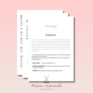May include: A black and white contract for makeup services. The contract includes information about travel fees, cancellation policies, and payment options. The text includes the words "Your logo", "Contract", "Marian Hernandez", and "makeup artist".