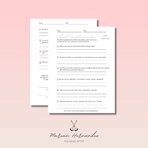 Puede incluir: Un cuestionario para clientes en blanco y negro para un artista de maquillaje. El cuestionario hace preguntas sobre el evento del cliente, alergias, tipo de piel y preferencias de maquillaje. El texto "Client Questionnaire" está en la parte superior de la página.