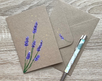 Hand Painted cards, lavender gifts, lavender card, blank cards, blank greeting cards, cards for her, cards for friend, cards for mum, kraft