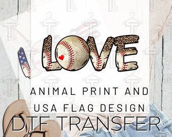 Baseball Mom fun LOVE design graphic DTF Print for T-Shirt. Baseball ball USA flag or animal print. Transfer ready to press iron on.