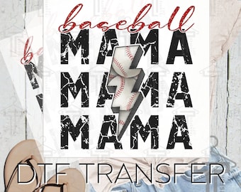 Baseball Mom fun graphic DTF Print for T-Shirt. Baseball Mama glitter effect lightning game day player. DTF transfer ready to press iron on.