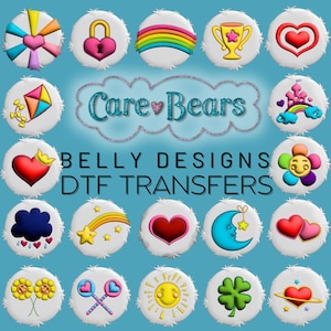 Care Bears belly DTF Transfer. Ready to press, iron on. 30 different emotions, badge. Great for group costumes, Halloween, DIY, teachers.