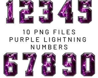PNG Digital file. 10 purple lightning print numbers. Ready to download and print. For DTF, sublimation uv DTF, T-shirts, labels, and more.