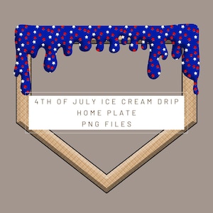 May include: A waffle cone shaped like a baseball home plate with red, white, and blue ice cream dripping down the sides. The ice cream is decorated with red and white stars. The text "4th of July Ice Cream Drip Home Plate PNG Files" is written below the cone.